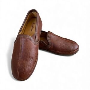 LL Bean Elk Hide Slip On Leather Slippers Shoes Mens 8 Brown Loafers House